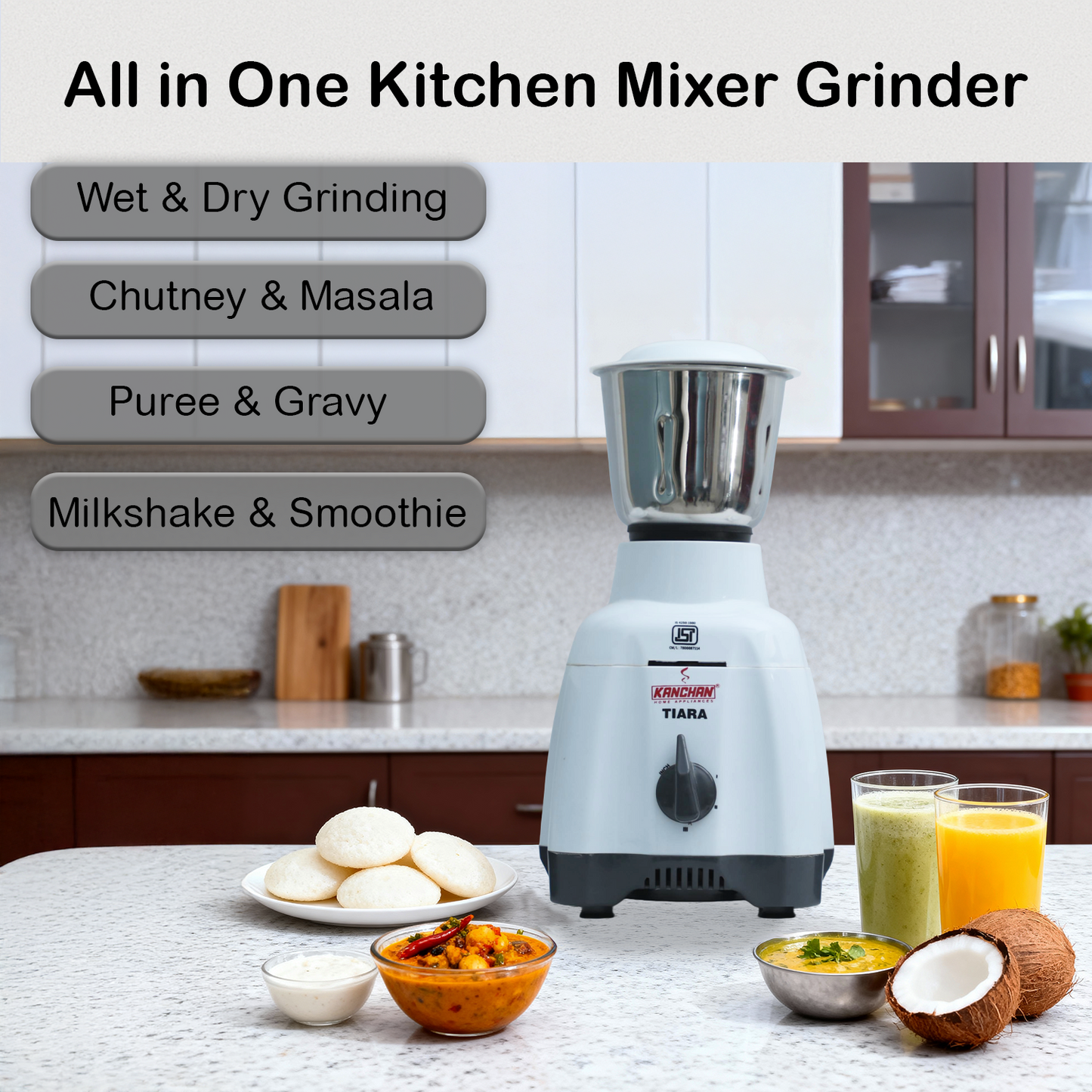 Tiara Plus 650 Watt Juicer Mixer Grinder - 4 Jars ( Stainless Steel 3 Jars + 1 Juicer Jar ) - Fine & Smooth Grind and Blend