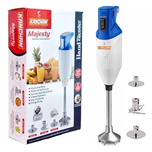 Kanchan Majesty Hand Blender for Kitchen - Blending, Whisking, Mincing - 3 Stainless Steel Blades - 160 Watt Copper Mottor ( Energy Saving)