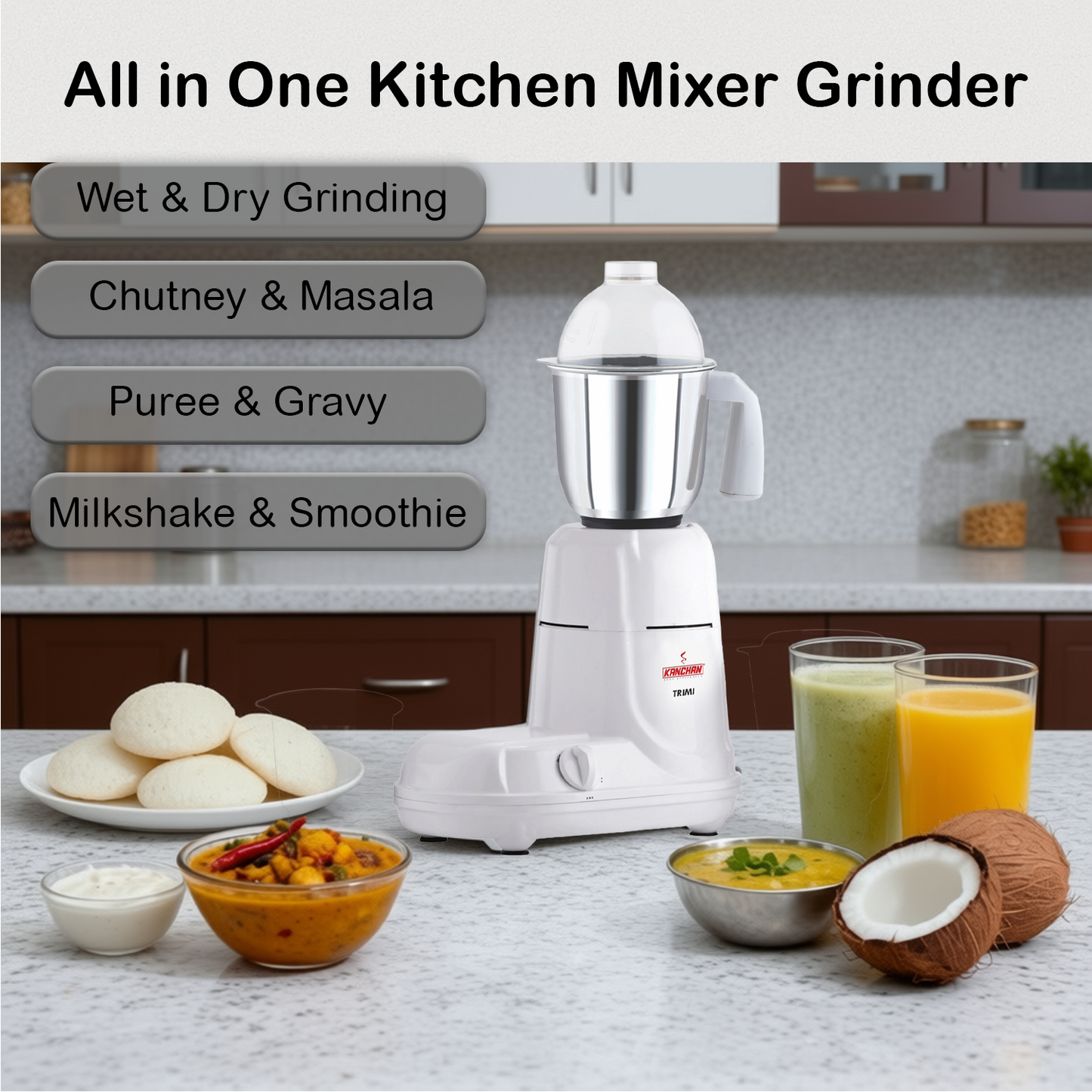 Trimi 650 Watt Mixer Grinder - 3 Steel Jars for Smooth & Fine Grinding, Blending, Overload Protection, SS Blades - 2 Yr Warranty