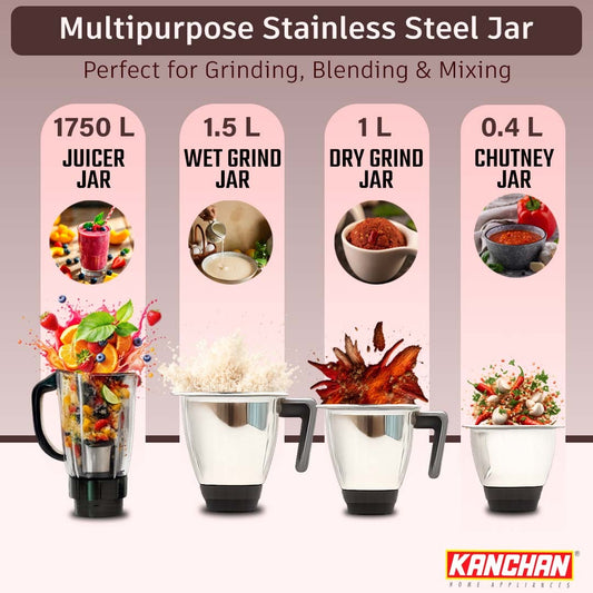 Triset Plus 750 Watt Juicer Mixer Grinder - 4 Jars ( Stainless Steel 3 Jars + 1 Juicer Jar ) - Fine & Smooth Grind and Blend