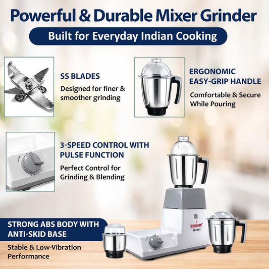 Trendy 750 Watt Mixer Grinder - 3 Stainless Steel Jars - Classic Mixer with Copper Motor ( ISI Certified - 5 Yr Motor Warranty)