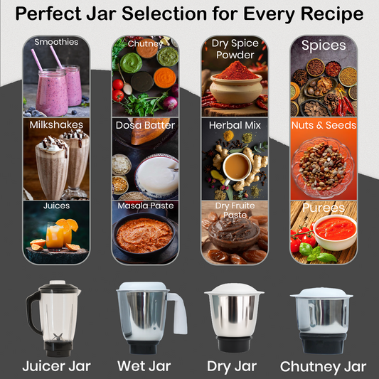 Tiara Plus 650 Watt Juicer Mixer Grinder - 4 Jars ( Stainless Steel 3 Jars + 1 Juicer Jar ) - Fine & Smooth Grind and Blend