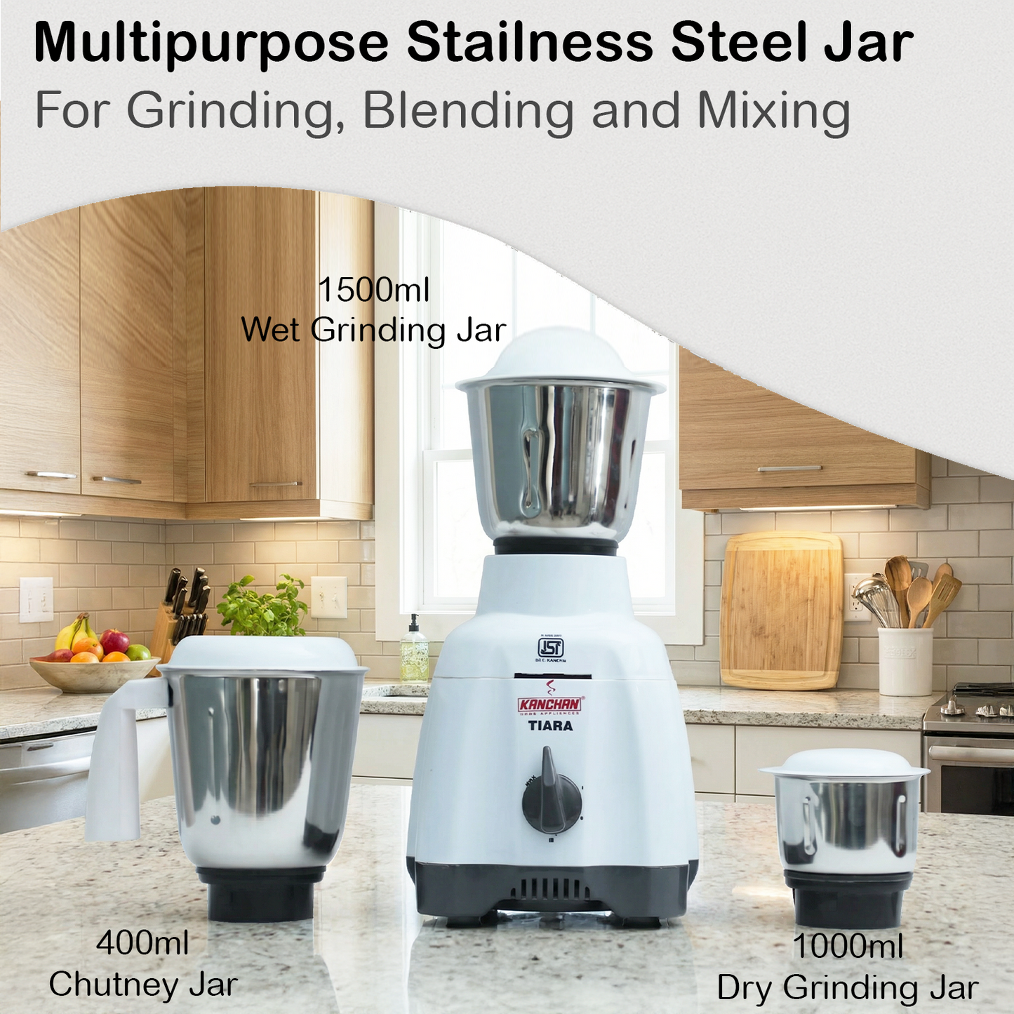 Tiara 650 Watt Mixer Grinder with 3 Stainless Steel Jars ( 1.5L Wet, 1L Multi-Purpose, 0.4L Chutney ) - Smooth , Fine Grind & Blend