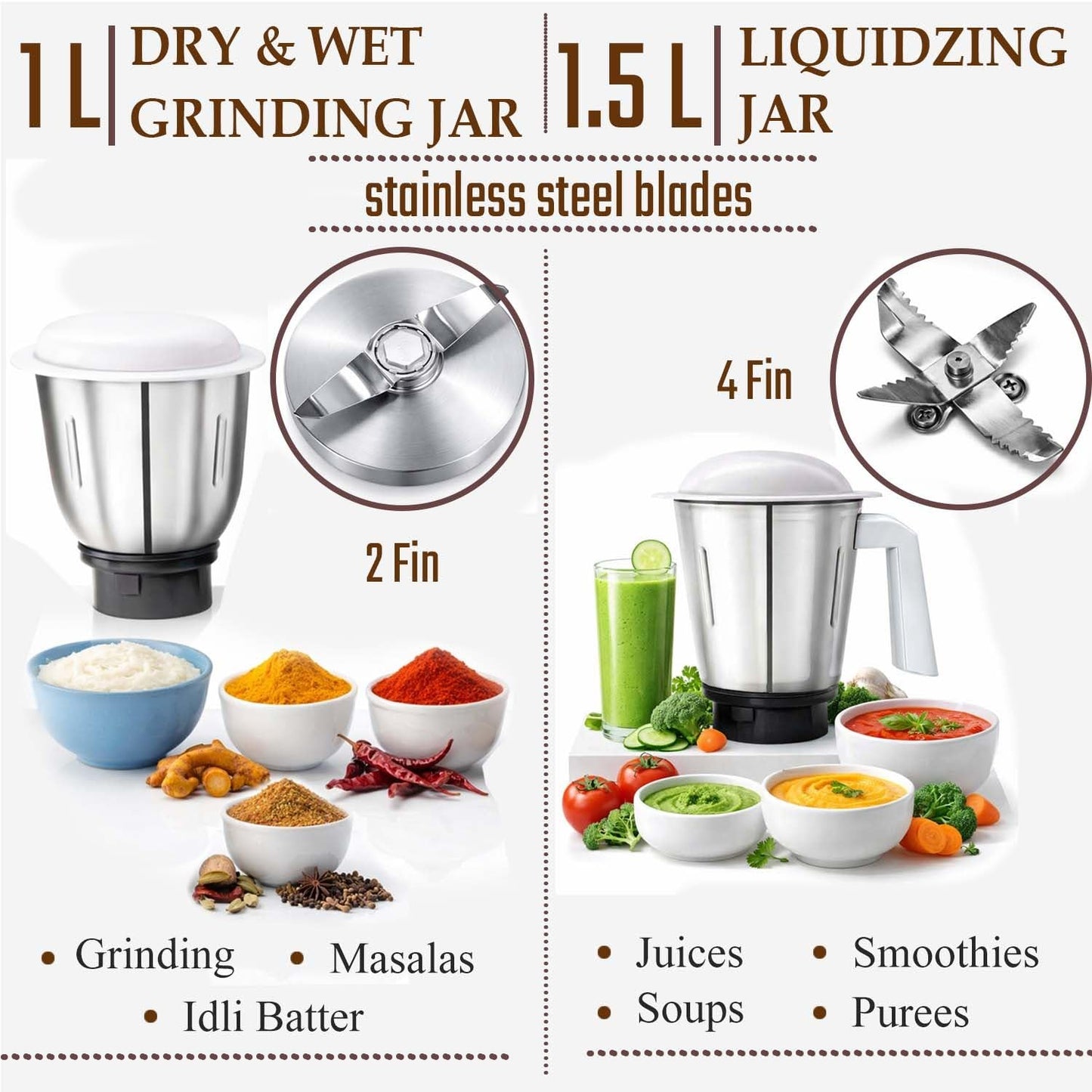 Taffy 650 Watt Mixer Grinder with 3 Stainless Steel Jars - Large Jars - Smooth , Fine Grinding and Blending