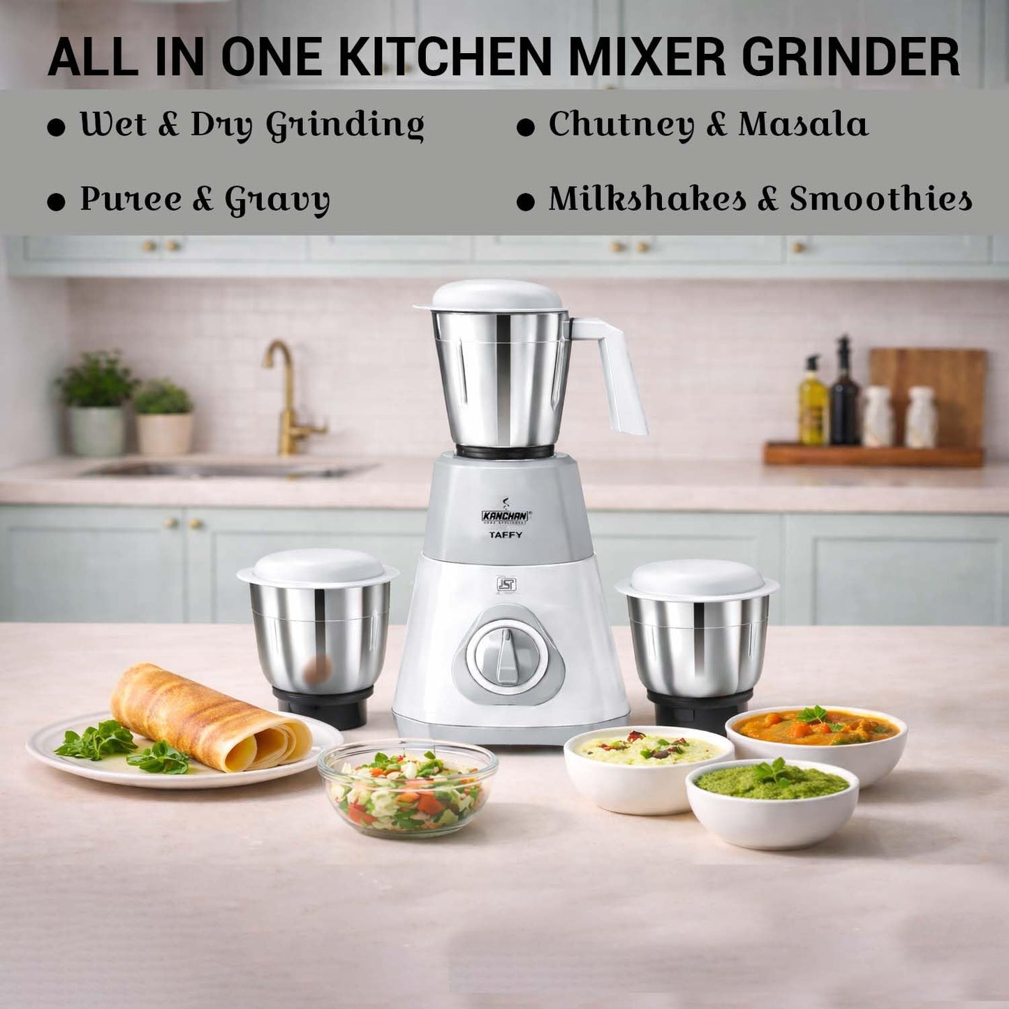 Taffy 650 Watt Mixer Grinder with 3 Stainless Steel Jars - Large Jars - Smooth , Fine Grinding and Blending