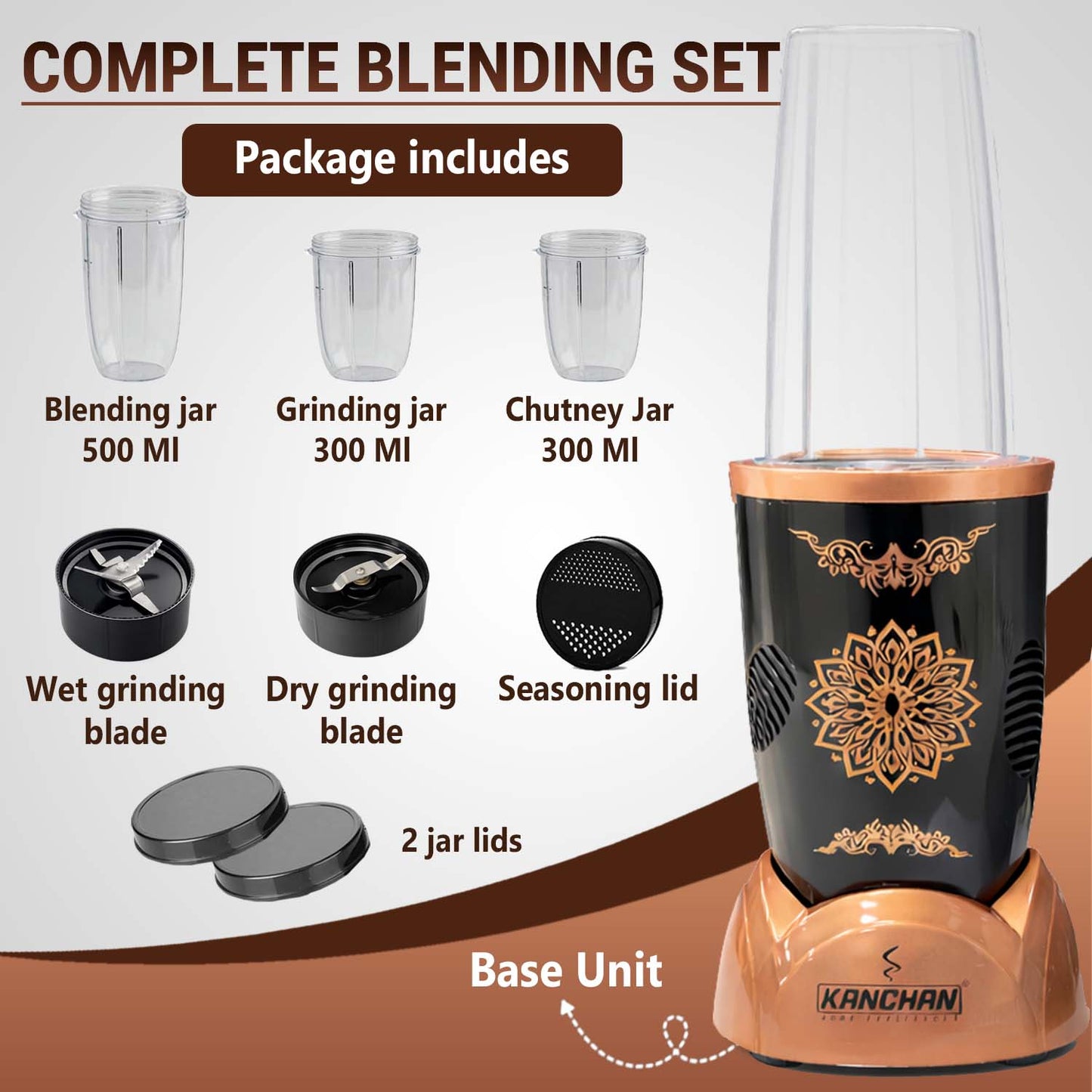 Nutri Blender Mixer Grinder for Smoothie & Juices , 450 Watt Copper Motor, 3 Unbreakable Jars 500ml & 300ml - (3 Jar, 2 Blade - Copper) - 1 Year Warranty