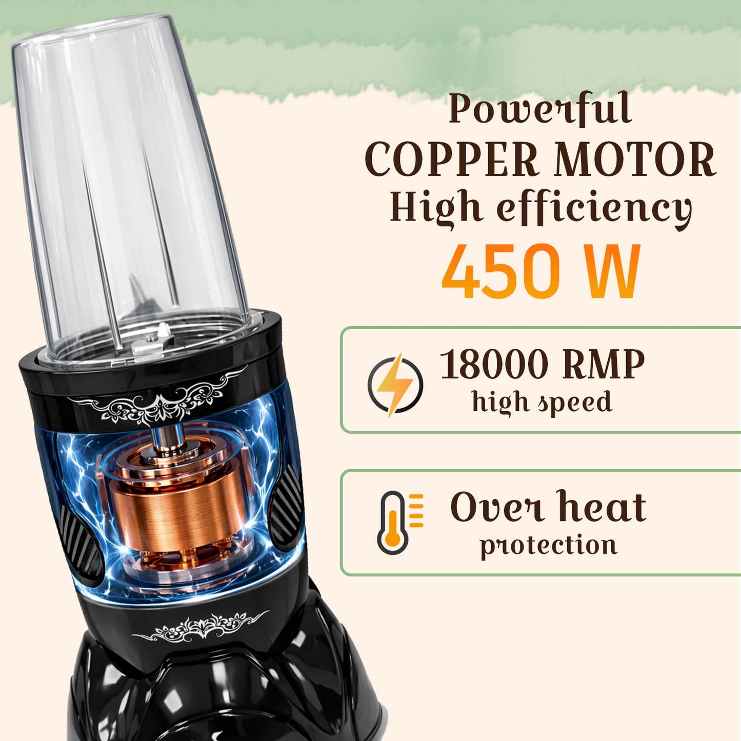 Nutri Blender Mixer Grinder for Smoothie & Juices , 450 Watt Copper Motor, 3 Unbreakable Jars 500ml & 300ml - (3 Jar, 2 Blade - Black) - 1 Year Warranty