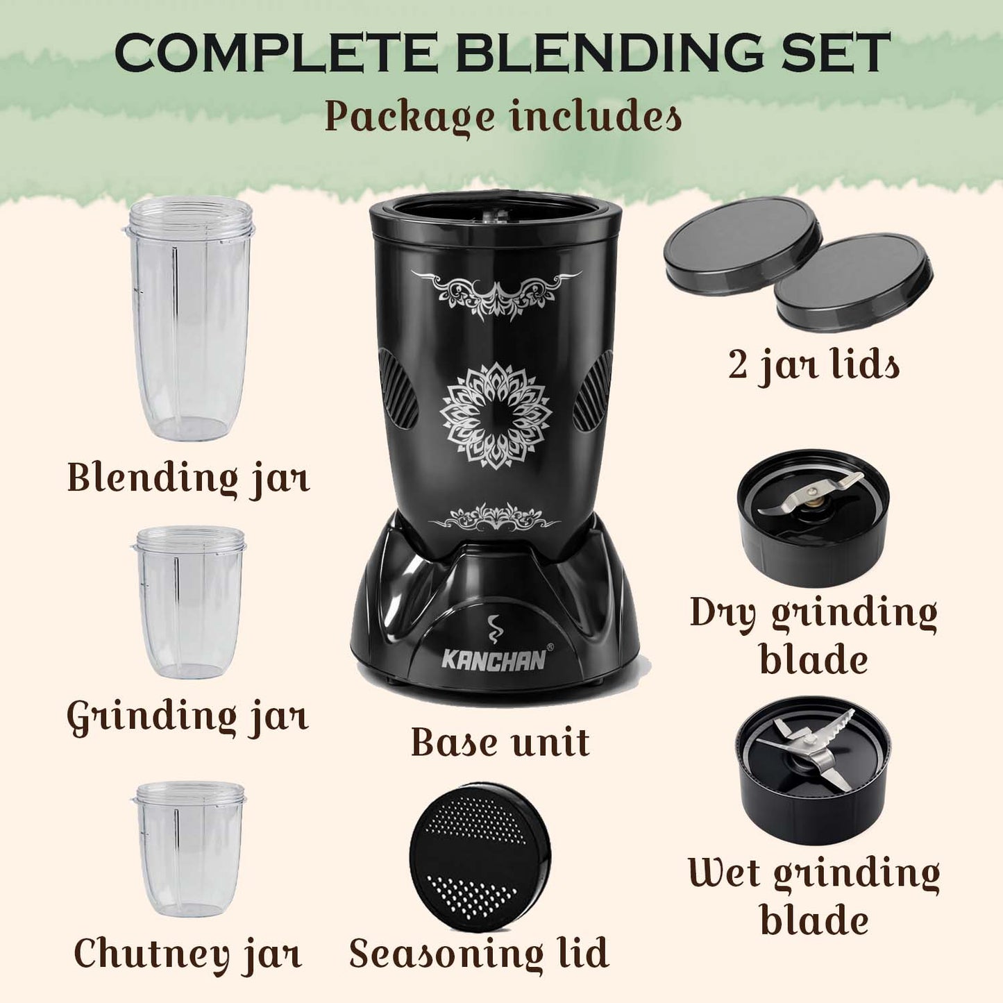 Nutri Blender Mixer Grinder for Smoothie & Juices , 450 Watt Copper Motor, 3 Unbreakable Jars 500ml & 300ml - (3 Jar, 2 Blade - Black) - 1 Year Warranty