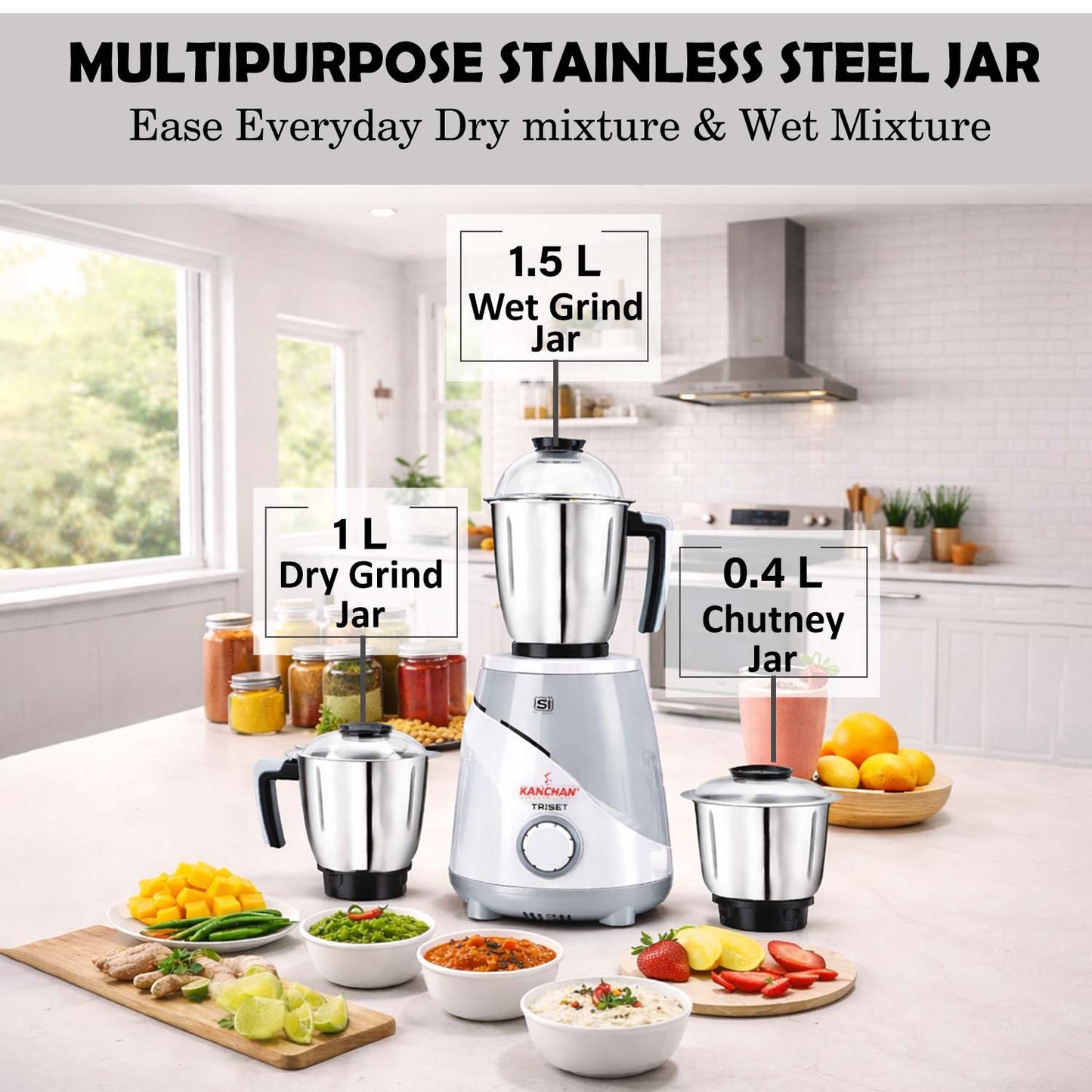 Triset 750 Watt Mixer Grinder - 3 Stainless Steel Jars, Smooth Fine Grinding and Blending - Overload Protection, 2 Yr warranty