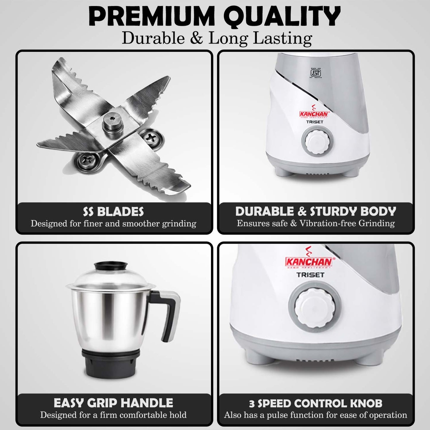 Triset 750 Watt Mixer Grinder - 3 Stainless Steel Jars, Smooth Fine Grinding and Blending - Overload Protection, 2 Yr warranty