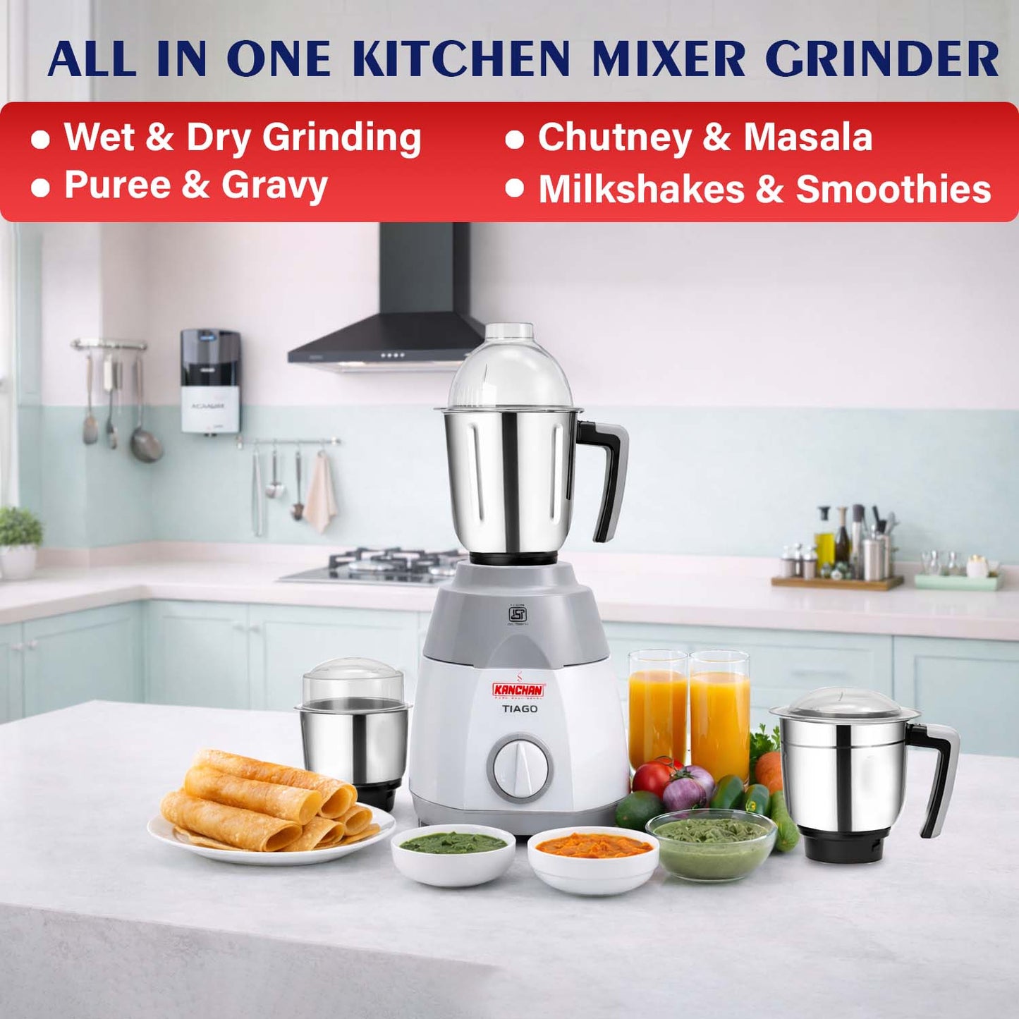 Tiago Plus 750 Watt Mixer Grinder Juicer - 4 Jars ( Stainless Steel 3 Jars + 1 Juicer Jar ) - Fine & Smooth Grind and Blend