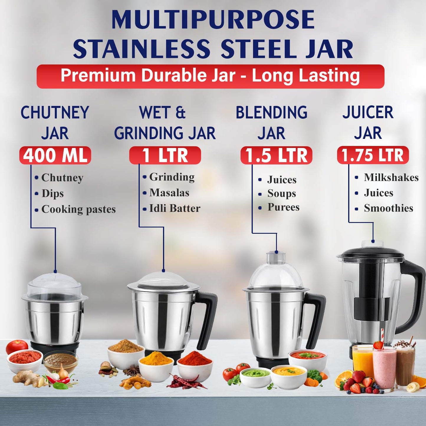 Tiago Plus 750 Watt Mixer Grinder Juicer - 4 Jars ( Stainless Steel 3 Jars + 1 Juicer Jar ) - Fine & Smooth Grind and Blend