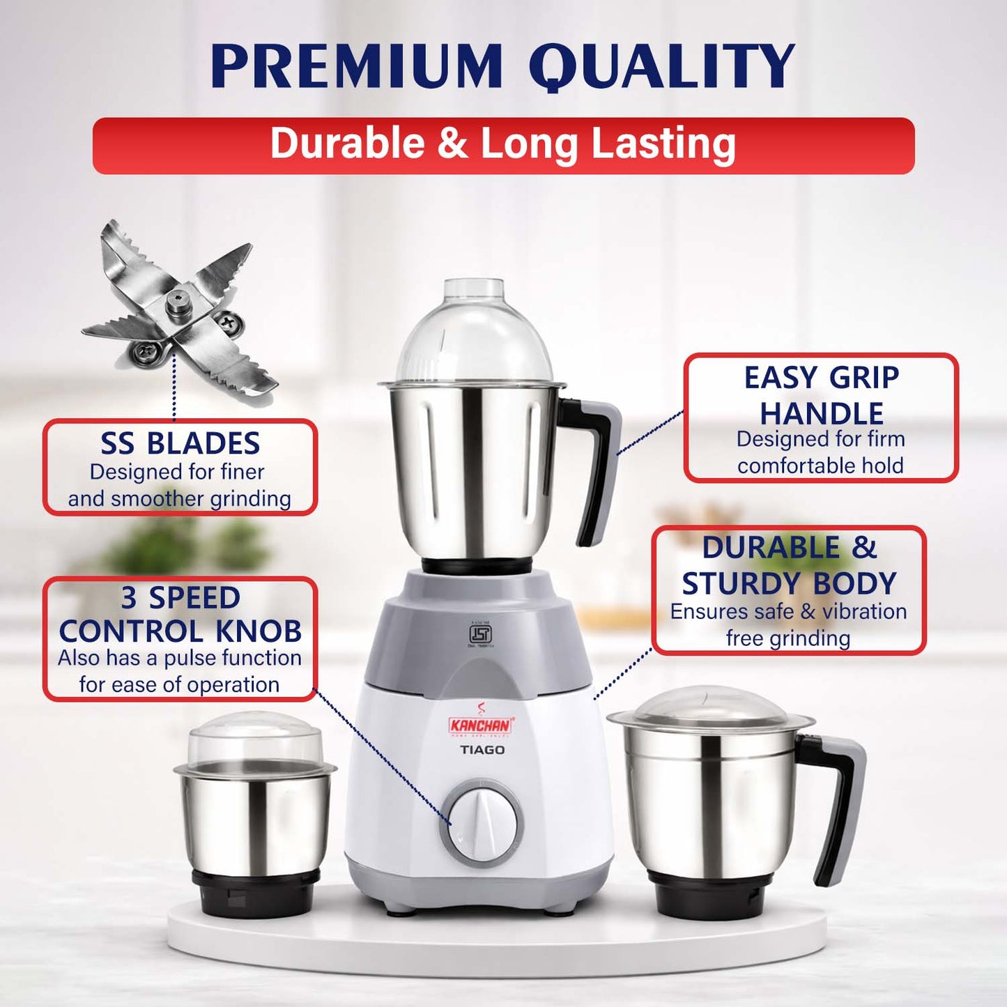 Tiago 750 Watt Mixer Grinder with 3 Stainless Steel Jars - Large Jars ( 1.5L Wet, 1L Multi-Purpose, 0.4L Chutney )