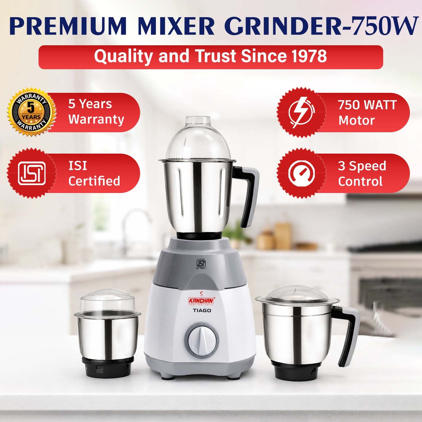 Tiago 750 Watt Mixer Grinder with 3 Stainless Steel Jars - Large Jars ( 1.5L Wet, 1L Multi-Purpose, 0.4L Chutney )