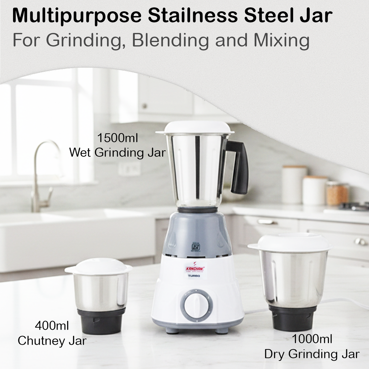 Turbo Mixer Grinder - 650 watt , 3 Jars for Grinding & Blending  ( 1 L Wet & Dry Jar, 1.5 L Liquidizing Jar, 0.4 L Chutney Jar)