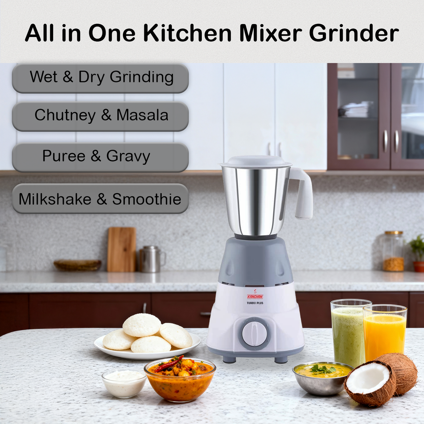 Turbo Plus Mixer Grinder Juicer - 650 watt, 3 Jars for Grinding & Blending & 1 Juicer Jar - 2 Year Warranty