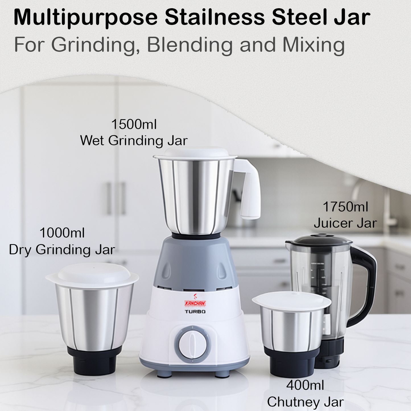 Turbo Plus Mixer Grinder Juicer - 650 watt, 3 Jars for Grinding & Blending & 1 Juicer Jar - 2 Year Warranty