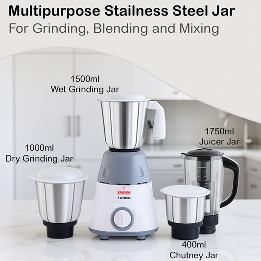 Turbo Plus Mixer Grinder Juicer - 650 watt, 3 Jars for Grinding & Blending & 1 Juicer Jar - 2 Year Warranty