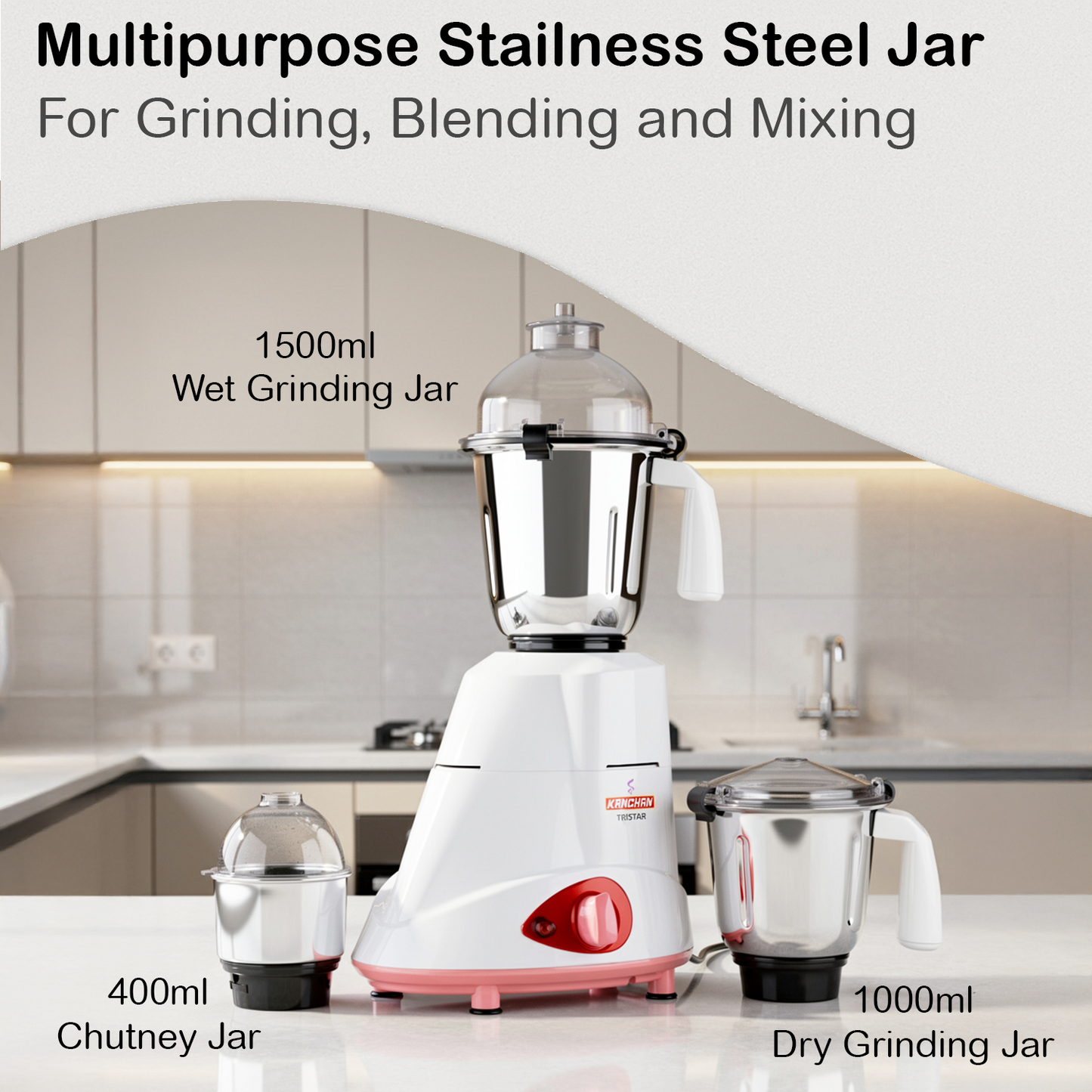 Tristar 750 Watt Mixer Grinder - 3 Stainless Steel Jars with Lid Lock - Copper Motor with 5 Year Warranty