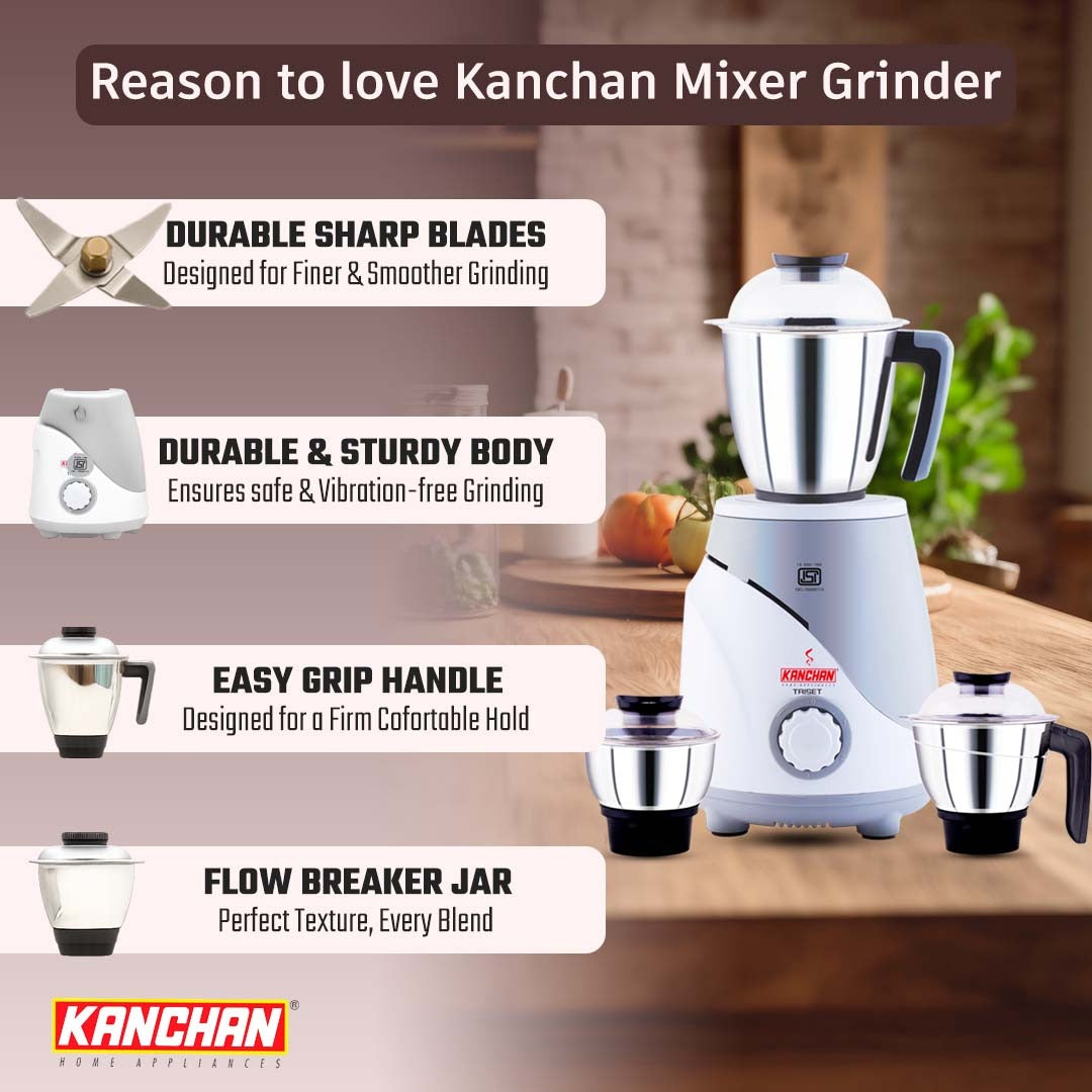 Triset Plus 750 Watt Juicer Mixer Grinder - 4 Jars ( Stainless Steel 3 Jars + 1 Juicer Jar ) - Fine & Smooth Grind and Blend