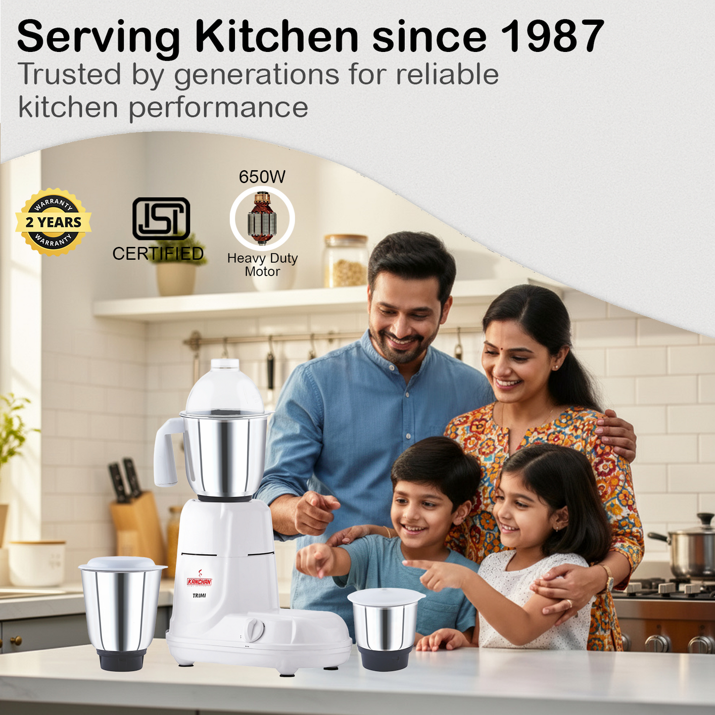 Trimi 650 Watt Mixer Grinder - 3 Steel Jars for Smooth & Fine Grinding, Blending, Overload Protection, SS Blades - 2 Yr Warranty