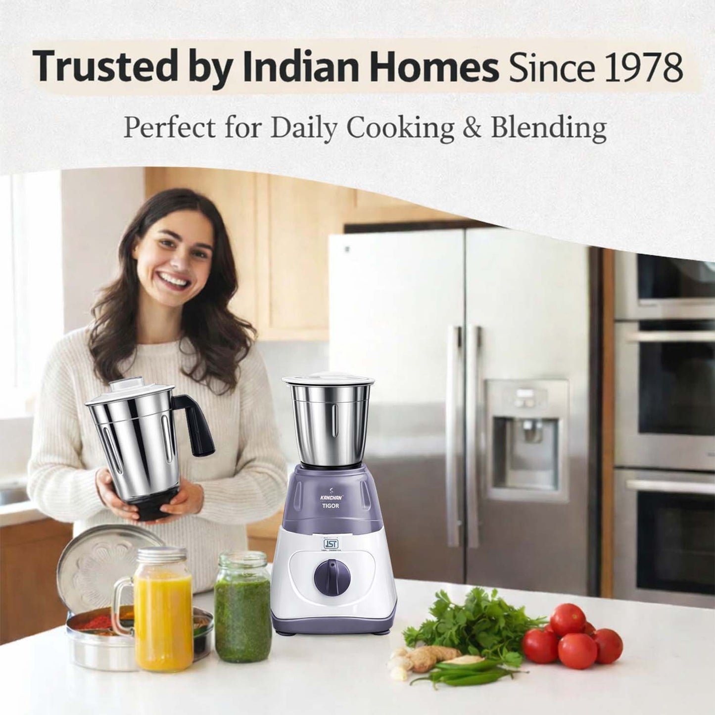 Tigor 500 Watt Mixer Grinder with 3 Stainless Steel Jars - Large Jars ( 1.5L Wet, 1L Multi-Purpose, 0.4L Chutney )