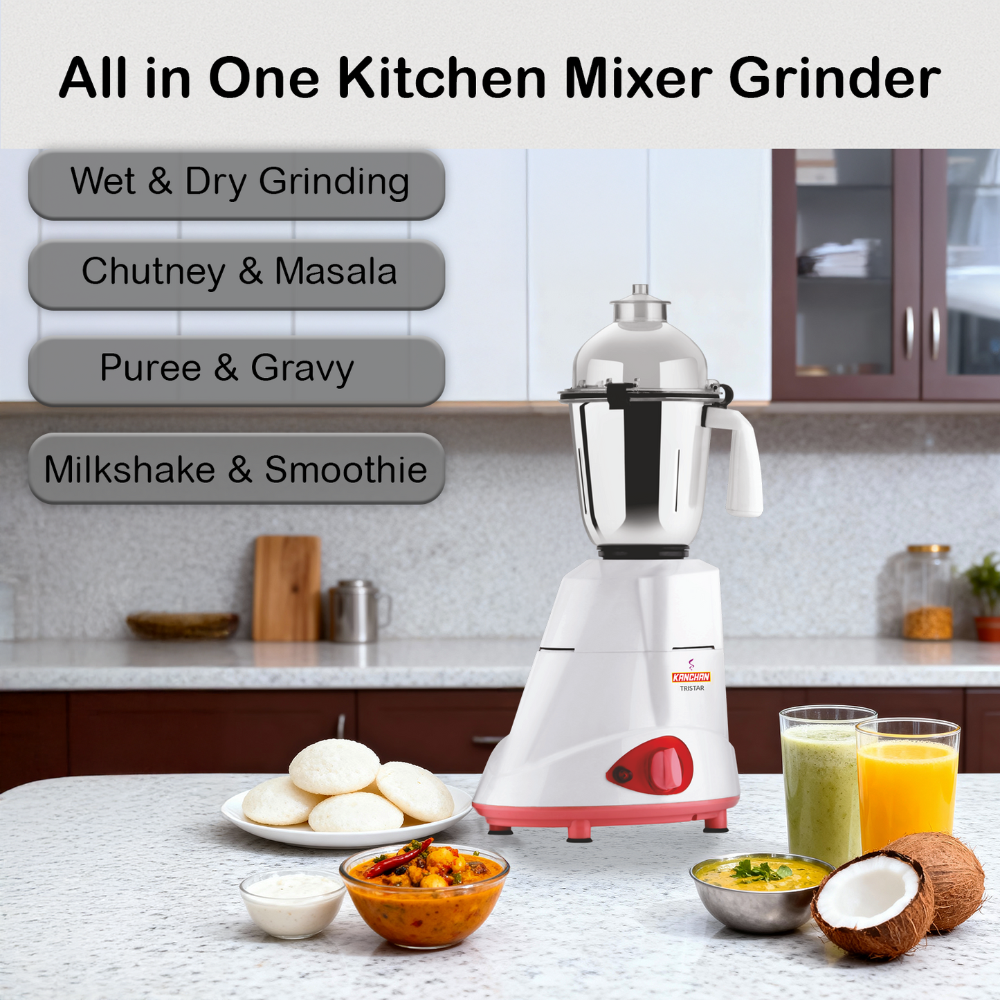 Tristar 750 Watt Mixer Grinder - 3 Stainless Steel Jars with Lid Lock - Copper Motor with 5 Year Warranty