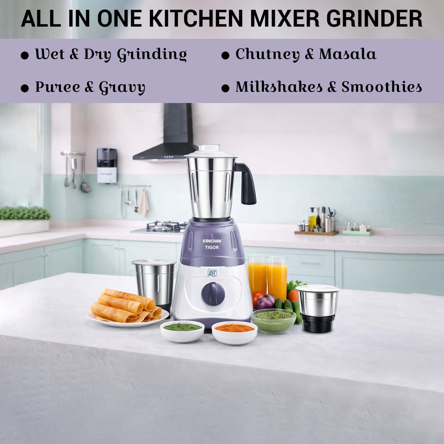 Tigor 500 Watt Mixer Grinder with 3 Stainless Steel Jars - Large Jars ( 1.5L Wet, 1L Multi-Purpose, 0.4L Chutney )