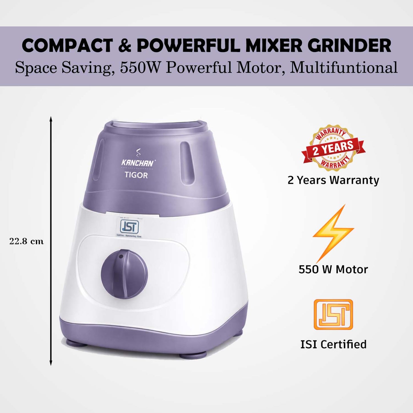 Tigor 500 Watt Mixer Grinder with 3 Stainless Steel Jars - Large Jars ( 1.5L Wet, 1L Multi-Purpose, 0.4L Chutney )