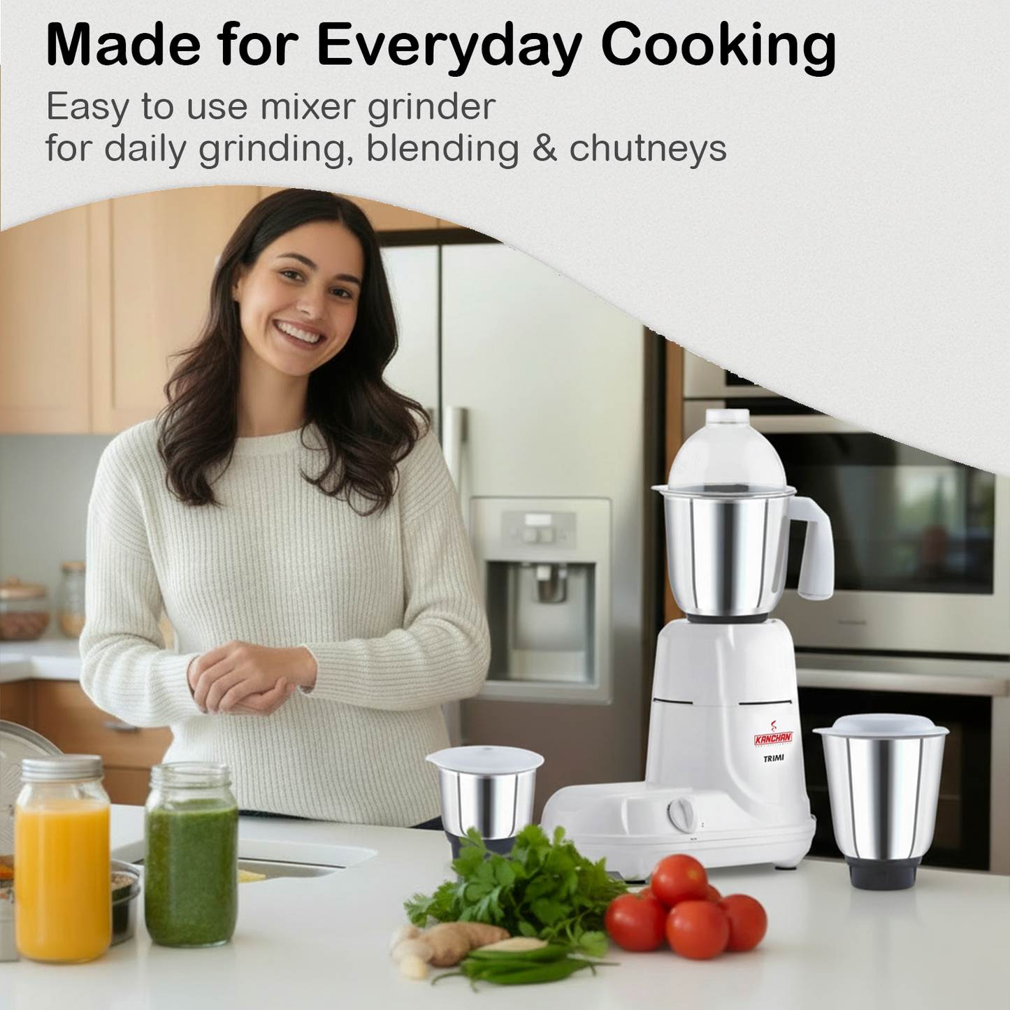 Trimi 650 Watt Mixer Grinder - 3 Steel Jars for Smooth & Fine Grinding, Blending, Overload Protection, SS Blades - 2 Yr Warranty