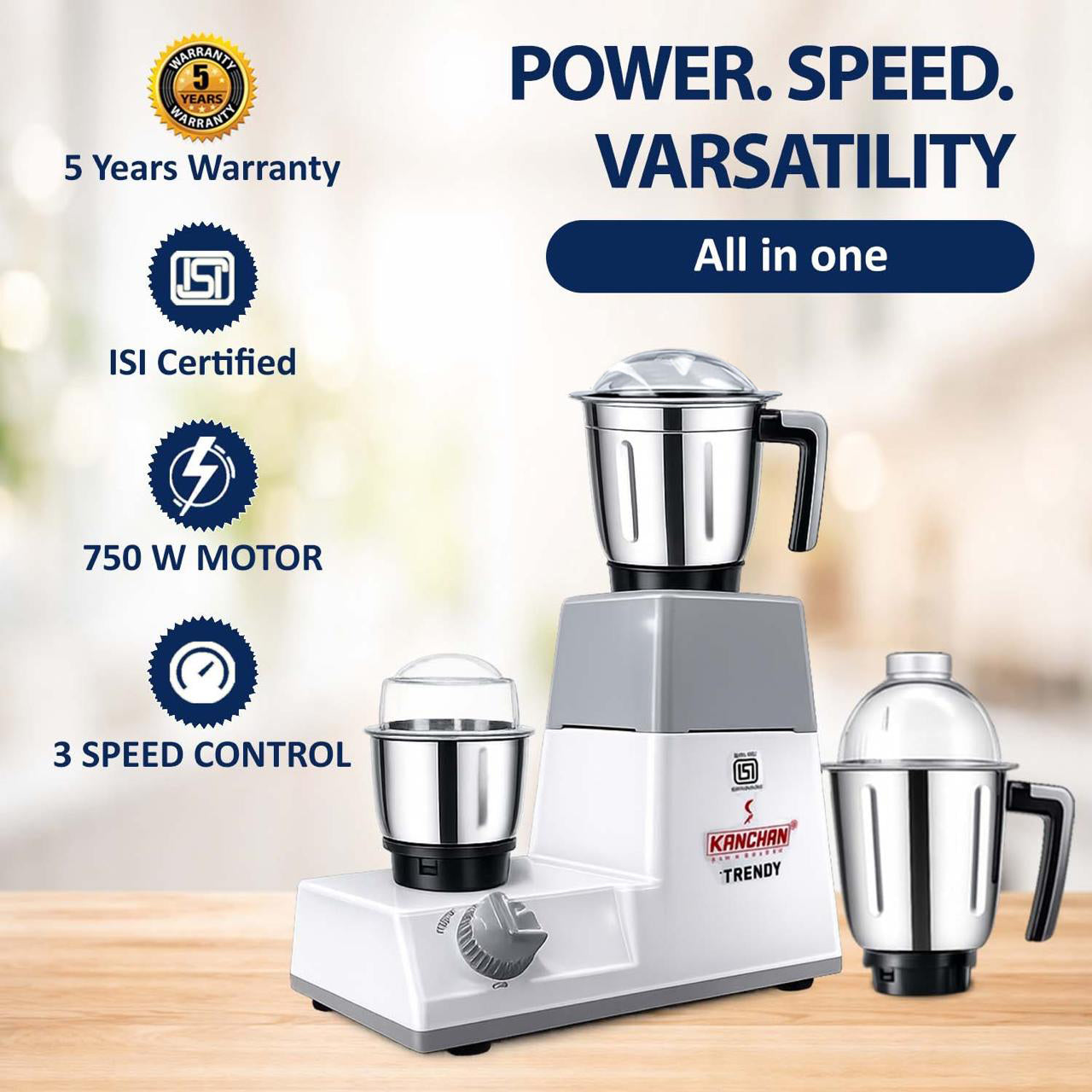 Trendy 750 Watt Mixer Grinder - 3 Stainless Steel Jars - Classic Mixer with Copper Motor ( ISI Certified - 5 Yr Motor Warranty)