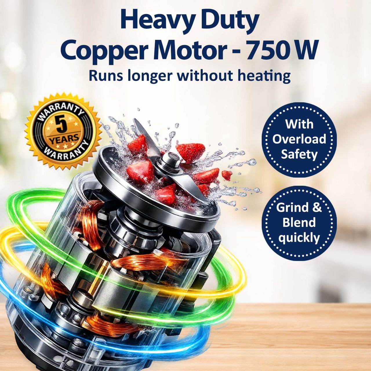Trendy 750 Watt Mixer Grinder - 3 Stainless Steel Jars - Classic Mixer with Copper Motor ( ISI Certified - 5 Yr Motor Warranty)