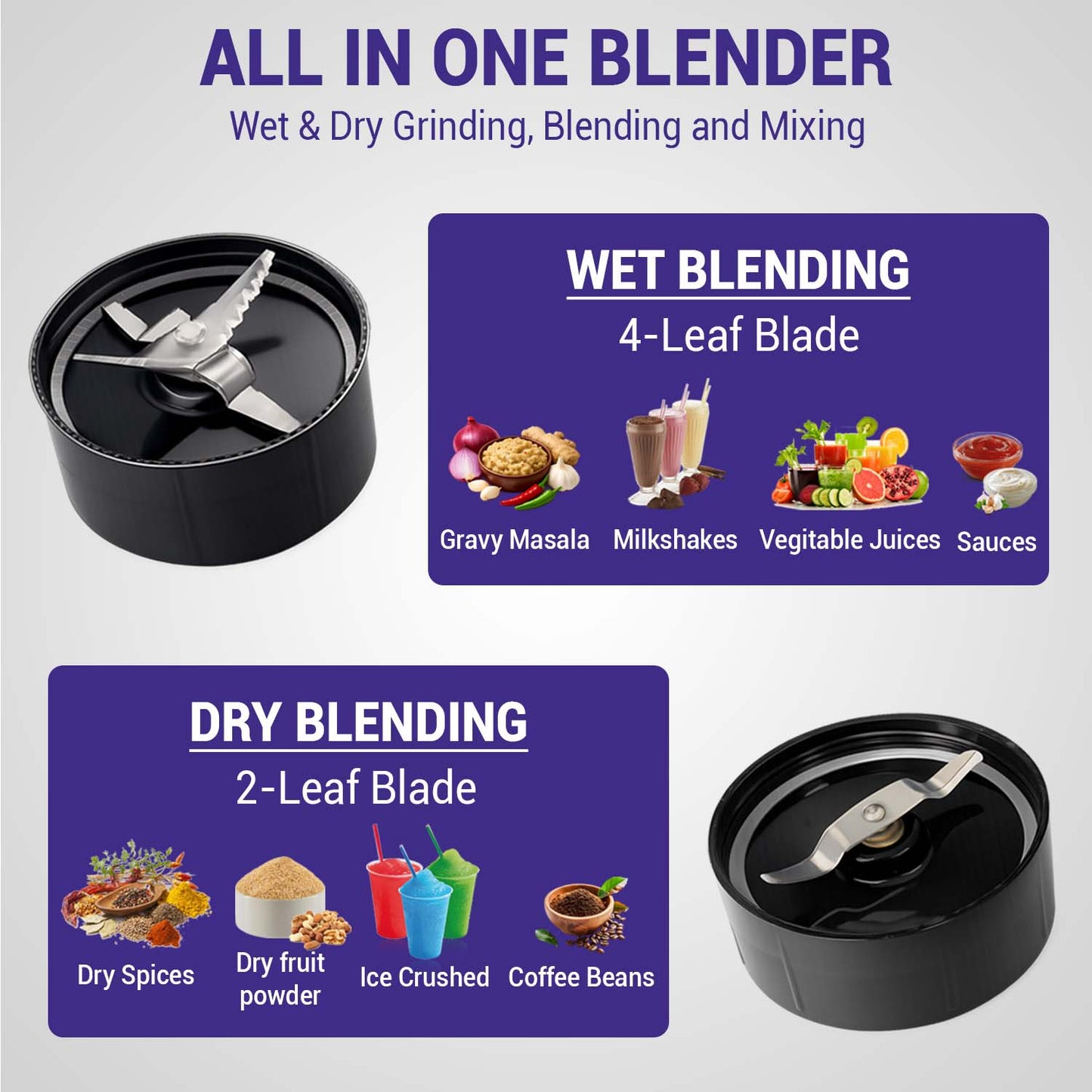Nutri Blender Mixer Grinder for Smoothie & Juices , 450 Watt Copper Motor, 2 Unbreakable Jars 500ml & 300ml - (2 Jar, 2 Blade - Silver) - 1 Year Warranty